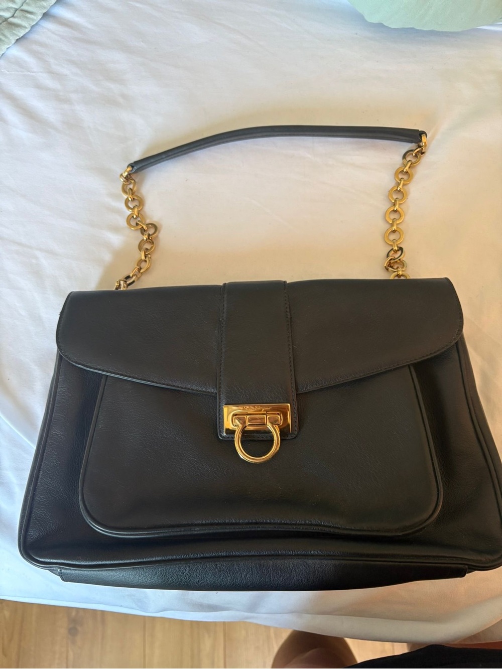 Salvatore Ferragamo Black Leather Shoulder Bag with Gold Hardware